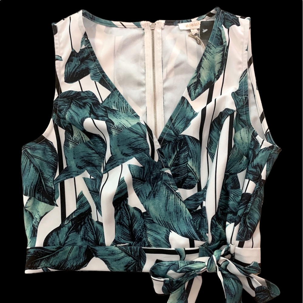 A’GACI Womens Hot Tropix Tie Front Crop Top Shirt Blouse Green White NWT